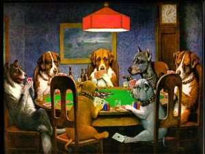 Dogs playing poker and cheatiing