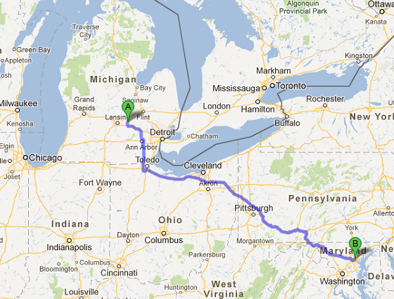 map from Michigan to Baltimore